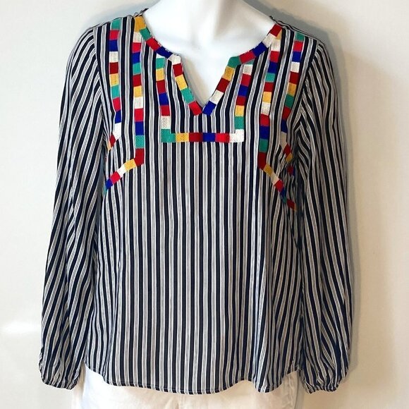 April Sky SZ S Black & White stripe pullover blouse bright color embroidery - Picture 1 of 8
